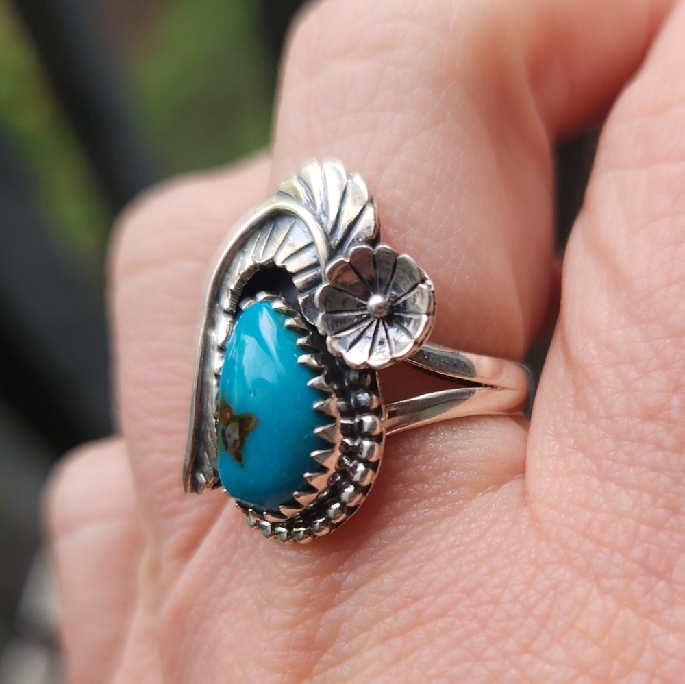 Handmade Sterling Silver 925 Mine 8 Turquoise Blossom Feather Ring Size 7 - Picture 3 of 8